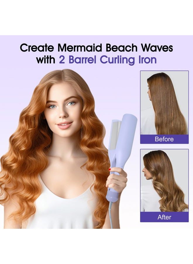 Tieumioe Beach Wave Curling Iron Deep Waver Hair Tool, Mermaid Hair Waver for Women Crimper, Anti-Scald, Dual Voltage, 1.4 Inch Ceramic Double Barrel Wavy Curling Iron, Purple - Image 3