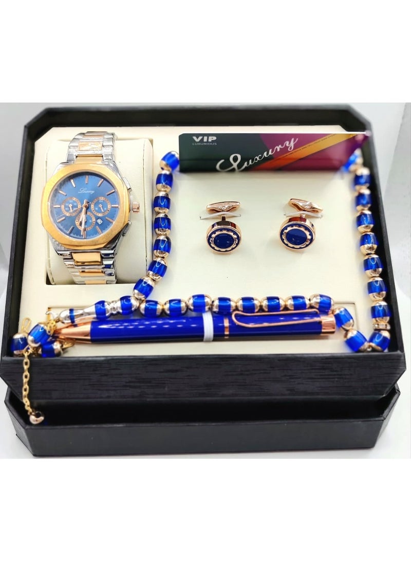 لكجر طقم هدية ساعة رجالية راقية و بجودة عالية ساعة, وقلم, وسبحة, وكبك, سوار فضي وبرونزي مع ميناء أزرق