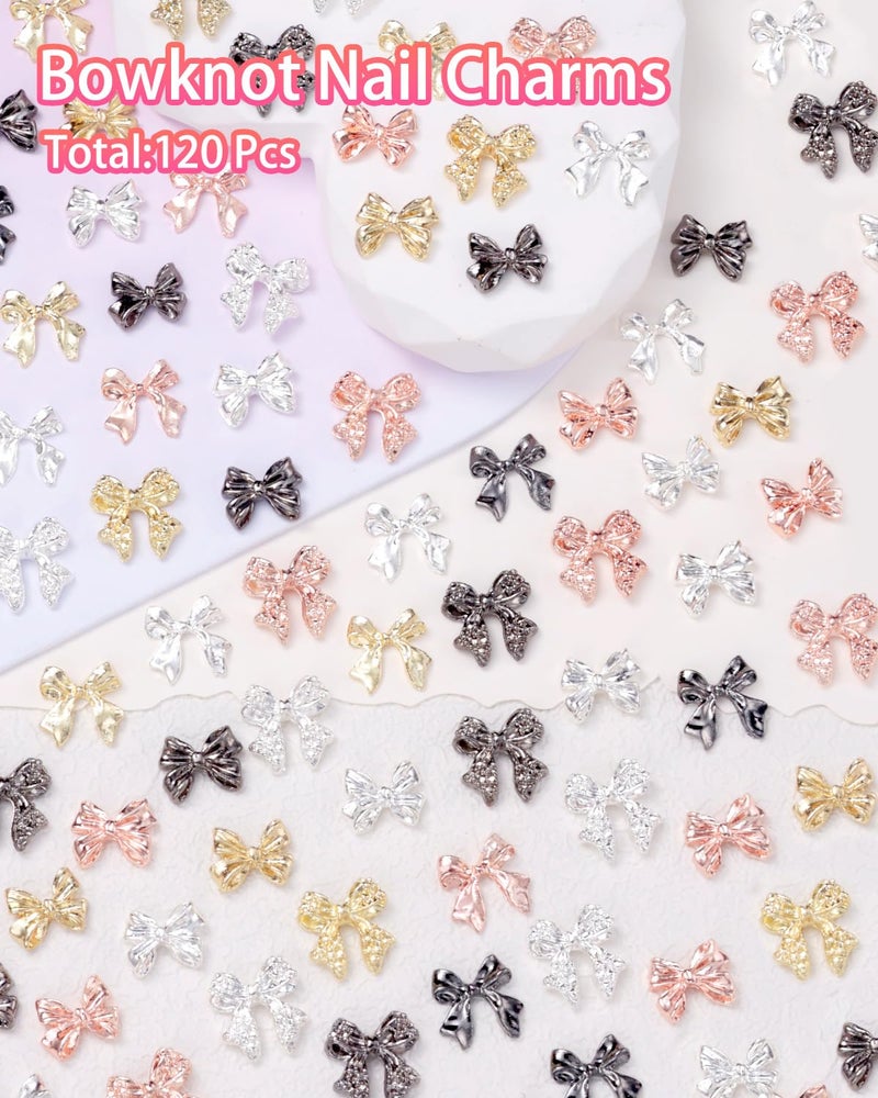 Cynailli 120 Pcs Alloy Bow Nail Charms and Gems, Silver Gold Black Bowknot Metal Nail Art Charms, Shiny Luxury Cute Bow Nail Jewelry for Nails Design Manicure Accessories - Image 2