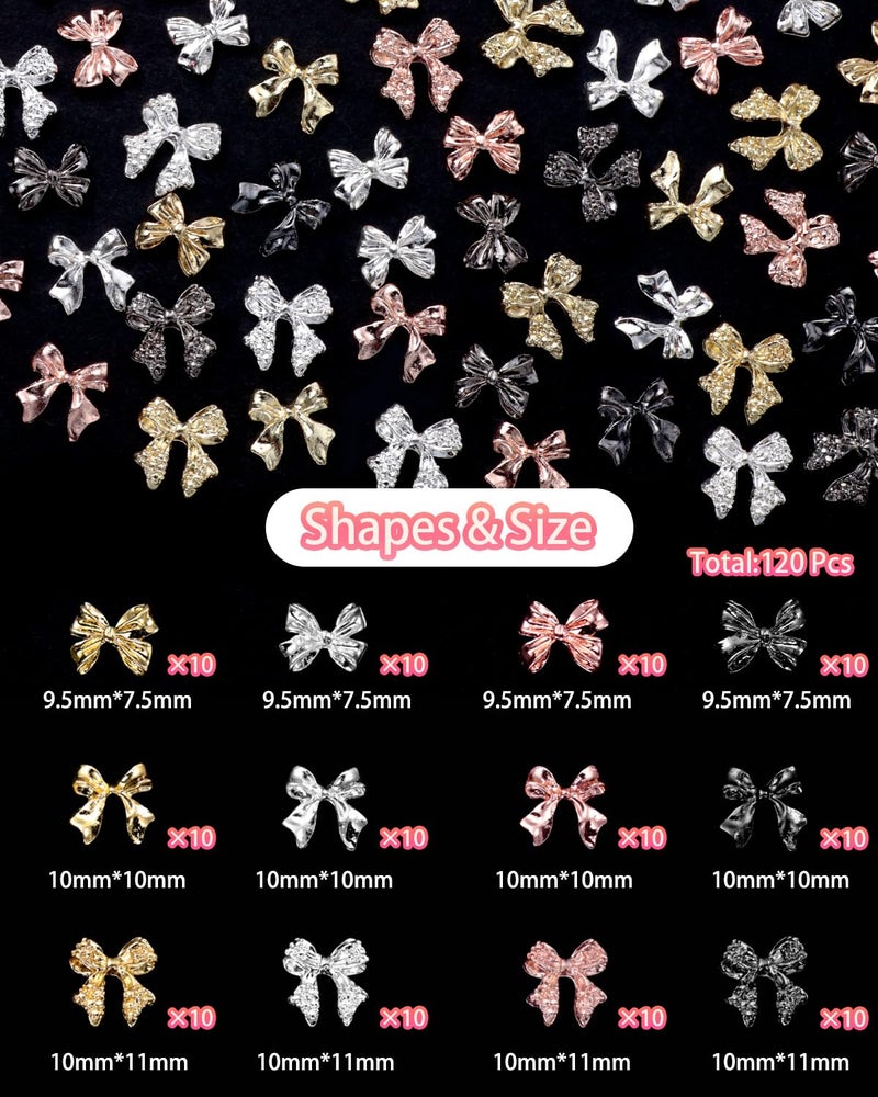 Cynailli 120 Pcs Alloy Bow Nail Charms and Gems, Silver Gold Black Bowknot Metal Nail Art Charms, Shiny Luxury Cute Bow Nail Jewelry for Nails Design Manicure Accessories - Image 3
