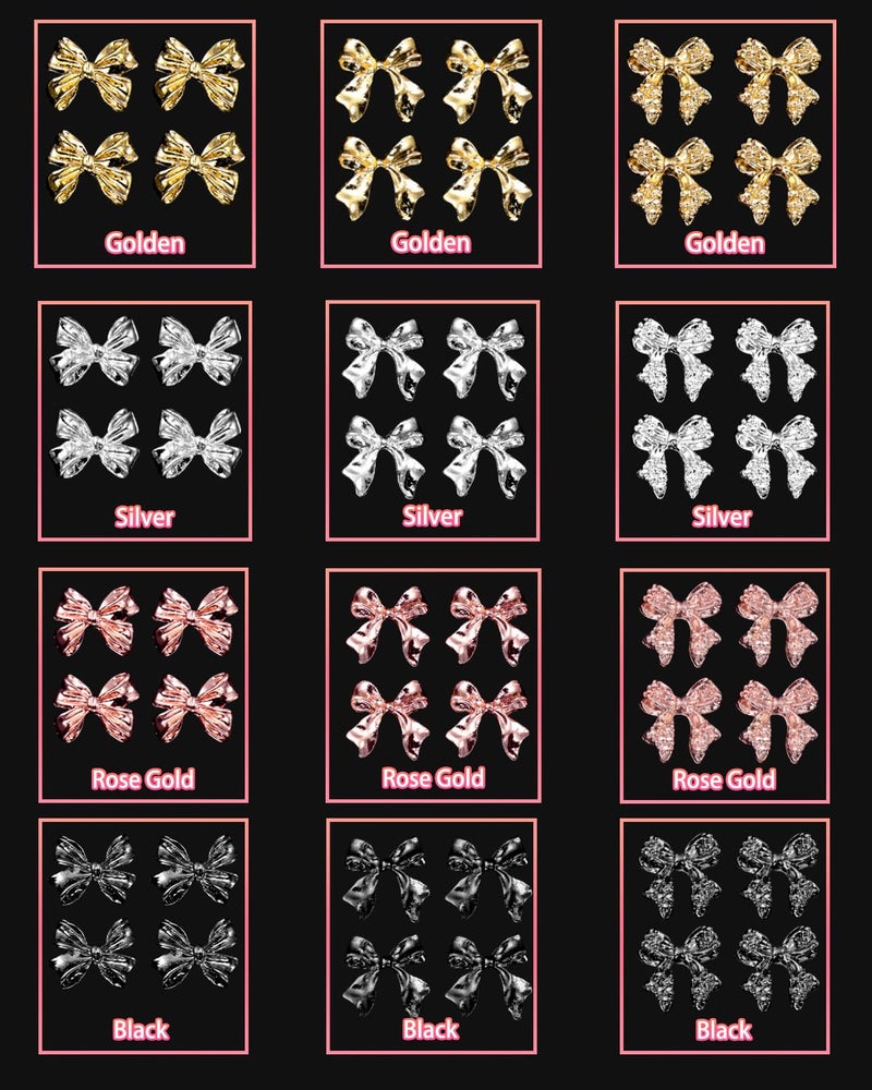 Cynailli 120 Pcs Alloy Bow Nail Charms and Gems, Silver Gold Black Bowknot Metal Nail Art Charms, Shiny Luxury Cute Bow Nail Jewelry for Nails Design Manicure Accessories - Image 4
