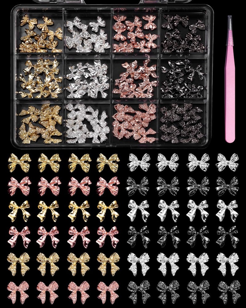 Cynailli 120 Pcs Alloy Bow Nail Charms and Gems, Silver Gold Black Bowknot Metal Nail Art Charms, Shiny Luxury Cute Bow Nail Jewelry for Nails Design Manicure Accessories - Image 1