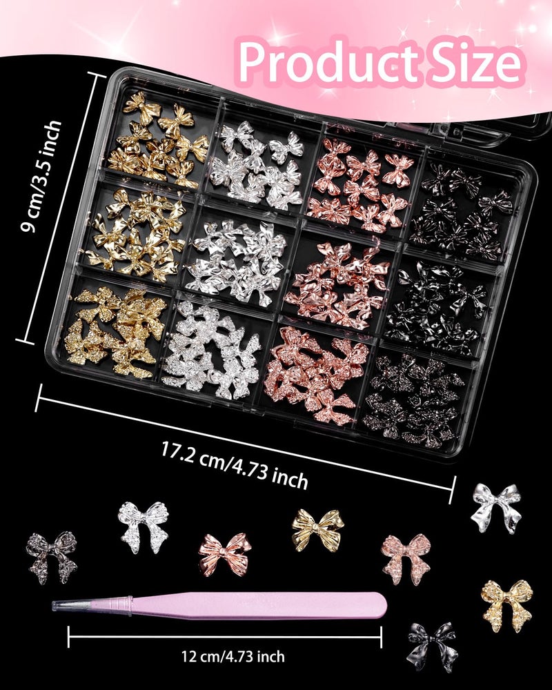 Cynailli 120 Pcs Alloy Bow Nail Charms and Gems, Silver Gold Black Bowknot Metal Nail Art Charms, Shiny Luxury Cute Bow Nail Jewelry for Nails Design Manicure Accessories - Image 5