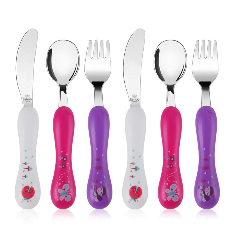 Lehoo Castle Lehoo Castle Toddler Utensils Kids Silverware 6pcs Safety Stainless Steel Toddler Fork Spoon Knife Set Children Flatware Set Safety Utensils for Toddler and Children Pink 