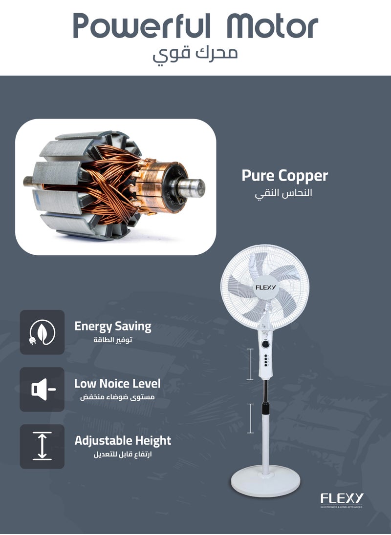 Flexy - FLEXY 16-Inch Stand Fan with 60-Minute Timer, 3-Speed Settings, Energy Efficient, High Velocity, Low Noise 100% Copper Motor, and Strong Safety Grill. - Image 1