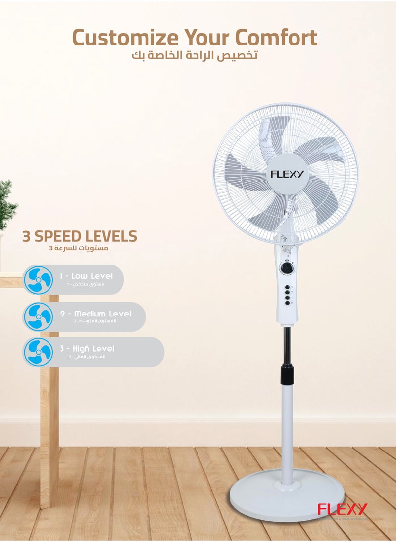 Flexy - FLEXY 16-Inch Stand Fan with 60-Minute Timer, 3-Speed Settings, Energy Efficient, High Velocity, Low Noise 100% Copper Motor, and Strong Safety Grill. - Image 1