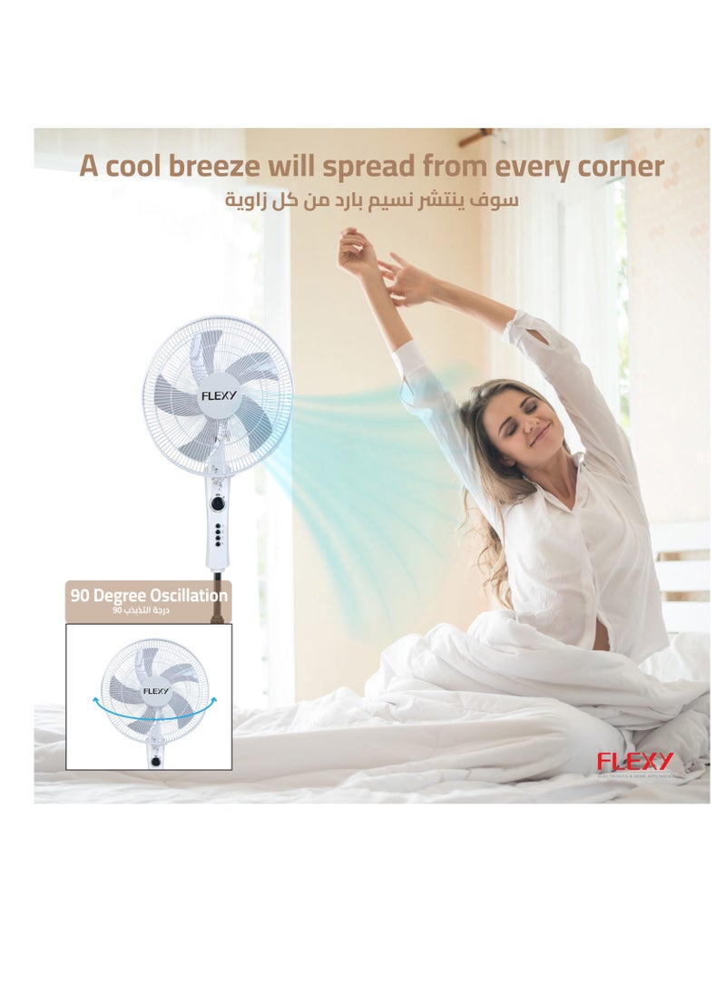 Flexy - FLEXY 16-Inch Stand Fan with 60-Minute Timer, 3-Speed Settings, Energy Efficient, High Velocity, Low Noise 100% Copper Motor, and Strong Safety Grill. - Image 1