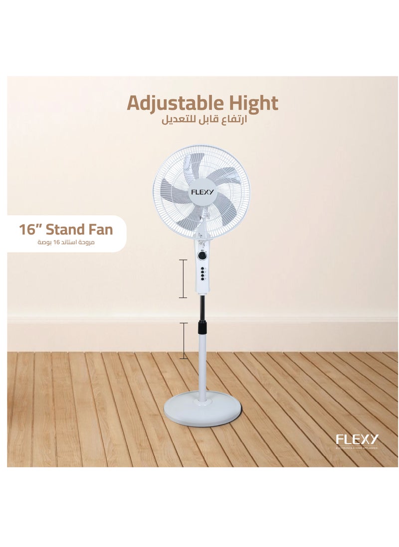 Flexy - FLEXY 16-Inch Stand Fan with 60-Minute Timer, 3-Speed Settings, Energy Efficient, High Velocity, Low Noise 100% Copper Motor, and Strong Safety Grill. - Image 1