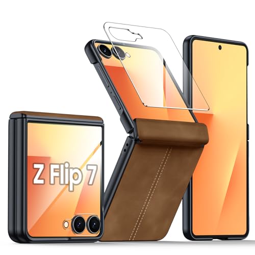 BSNRM for Samsung Galaxy Z Flip 7 Case with Hinge Protection & Built-in Screen Protector, Ultra Thin Stylish Leather Matte PC Durable Shockproof Cover Phone Case for Galaxy Z Flip 7-Brown - Image 1