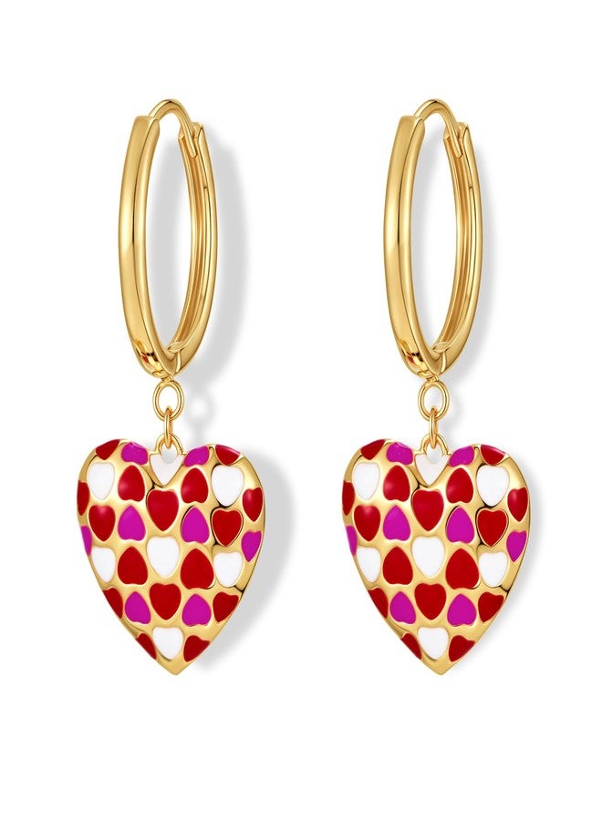 FAUTHENTICUTE Heart Dangle Earrings For Women Small Gold Huggie Hoop With An Enamelled Heart Drop Valentines Day Earrings Gift, Medium, Copper, No Gemstone - Image 1