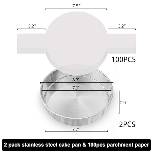 AWTBDP 8 Inch Round Cake Pans Set of 2, Nonstick Stainless Steel Baking Pans Set with 100PCS Parchment Papers, Durable Birthday Christmas Circle Layer Cake Pans, Cake Pans Sets for Baking, Dishwasher Safe - Image 2