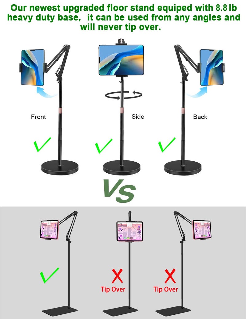 Awlbstruse Tablet Floor Stand, Overhead Bed Phone Stand with 8.8 lb Super Stable Base & Angle/Height Adjustable, Compatible with 4.5''-13'' iPhone, iPad Pro 12.9, Galaxy Tab, Kindle, Phones - Image 4