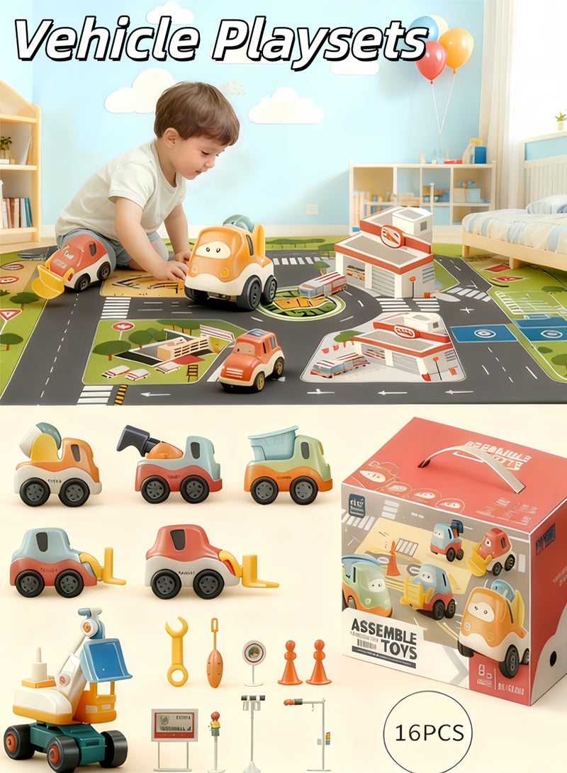 Vehicle Playsets,16 PCS Toddler Pull Back Car Toys,Miniature Construction Vehicles,Kids Disassembly Engineering Vehicle Set w/Play Mat,Construction Truck Toys Kids with Game Mat Toys Construction Truck and Road Play Mat Set for Boys and Girls,with traffic road scene crawling mat - Image 1