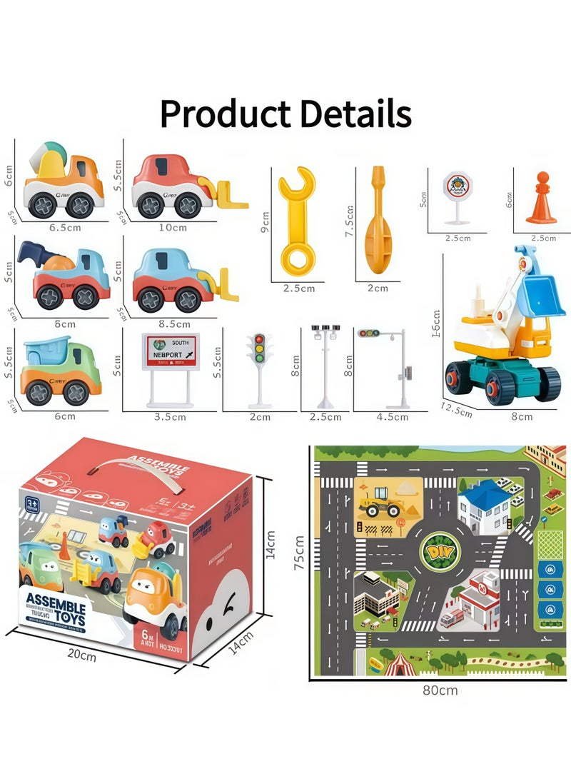 Vehicle Playsets,16 PCS Toddler Pull Back Car Toys,Miniature Construction Vehicles,Kids Disassembly Engineering Vehicle Set w/Play Mat,Construction Truck Toys Kids with Game Mat Toys Construction Truck and Road Play Mat Set for Boys and Girls,with traffic road scene crawling mat - Image 3