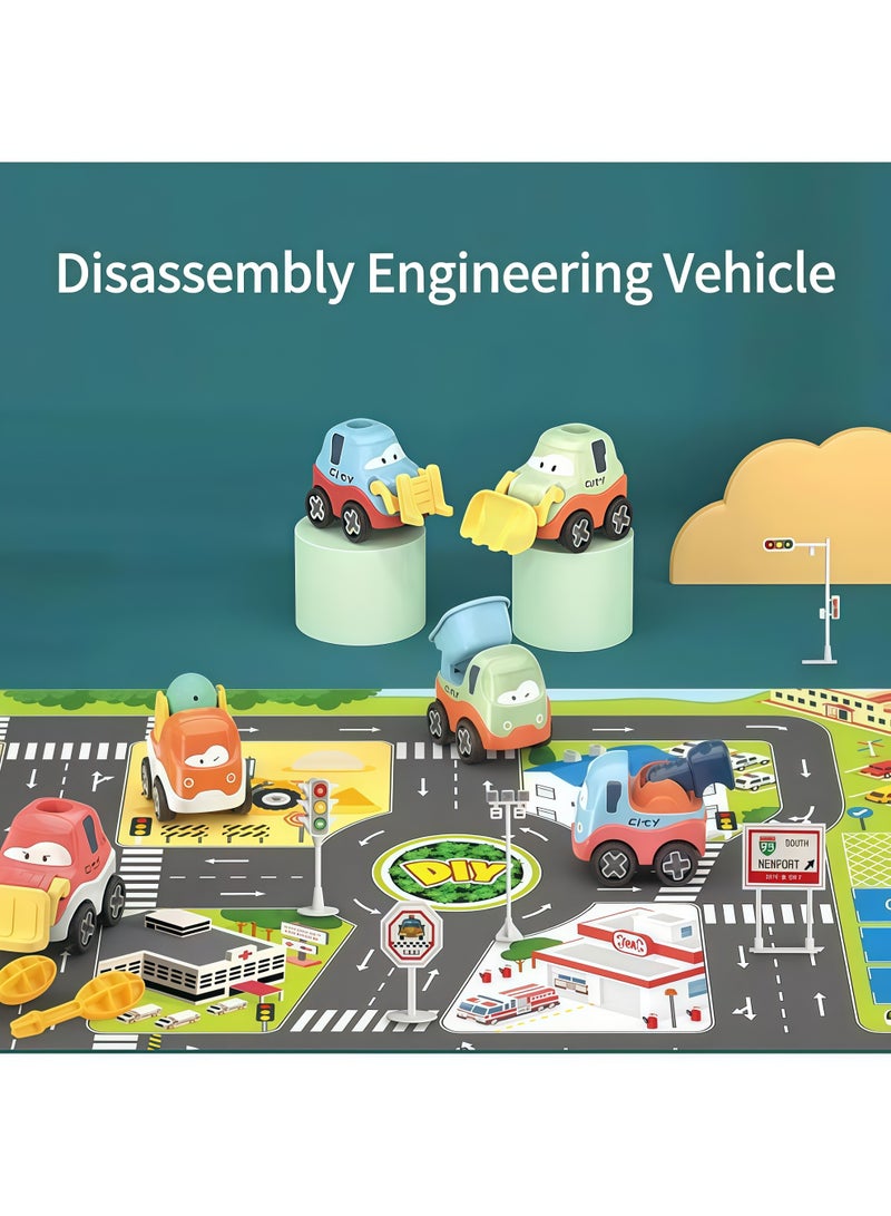 Vehicle Playsets,16 PCS Toddler Pull Back Car Toys,Miniature Construction Vehicles,Kids Disassembly Engineering Vehicle Set w/Play Mat,Construction Truck Toys Kids with Game Mat Toys Construction Truck and Road Play Mat Set for Boys and Girls,with traffic road scene crawling mat - Image 5