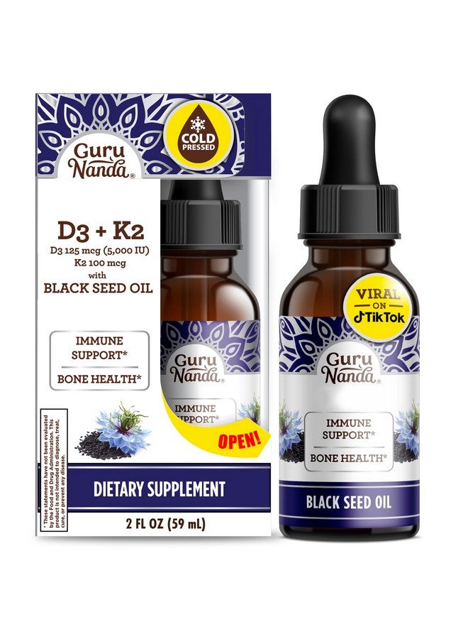 GuruNanda زيت الحبة السوداء من جورو ناندا، معصور على البارد من النيجيلا سativa - غني بفيتامين D3 5000 وحدة، K2 و E، يحتوي على ثيموكينون عالي | مضاد أكسدة قوي لدعم المناعة، غير معدل وراثيًا، 2 أونصة سائلة - Image 1