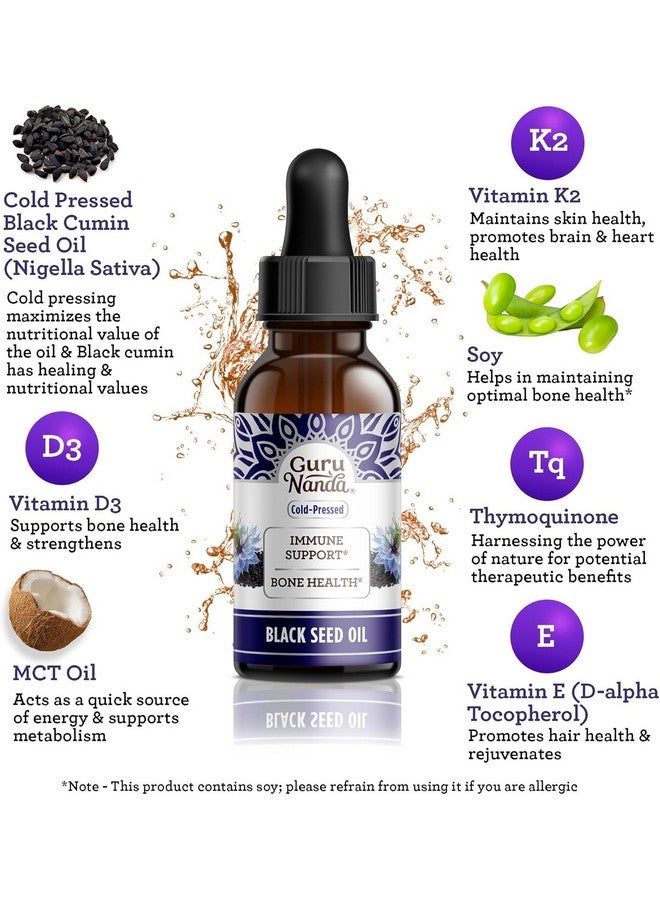 GuruNanda زيت الحبة السوداء من جورو ناندا، معصور على البارد من النيجيلا سativa - غني بفيتامين D3 5000 وحدة، K2 و E، يحتوي على ثيموكينون عالي | مضاد أكسدة قوي لدعم المناعة، غير معدل وراثيًا، 2 أونصة سائلة - Image 2