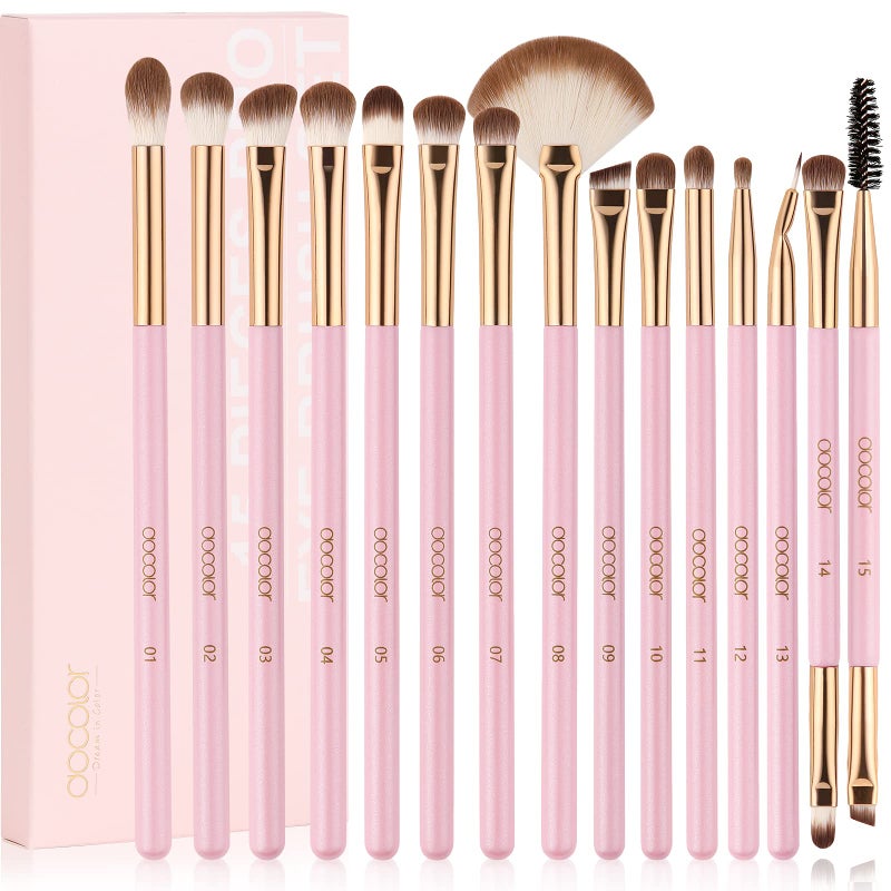 Docolor Eye Makeup Brushes 15Pcs Eyeshadow Brush Set with Soft Synthetic Hairs Professional Eye Shadow Blending Concealer Eyebrow Eyelash Eye Liners Premium Eye Make Up Brushes Set Pink