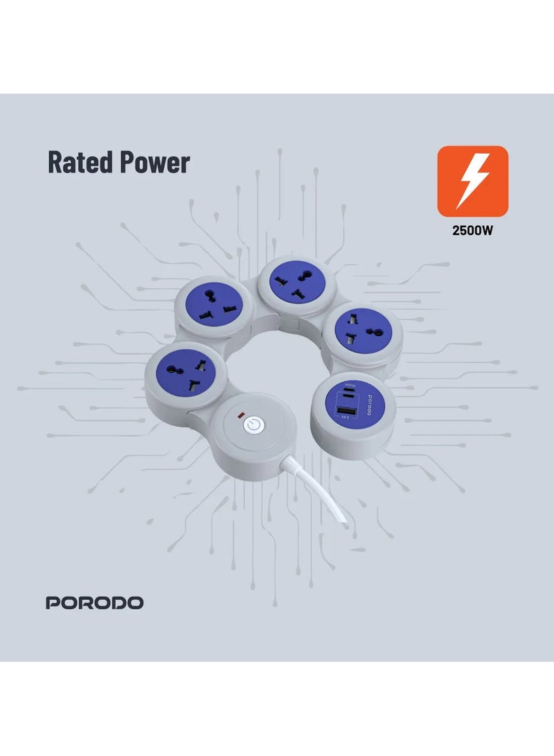 porodo 2500W Multi Socket Strip with Universal AC Plug & USB-C PD 20W Fast Charging / 3m Cable / Built-in Safeguard / Over-Heat Protection - Grey - Image 1
