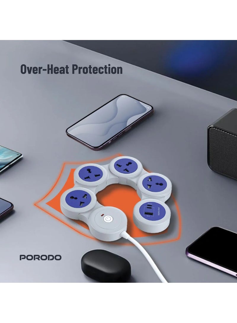 porodo 2500W Multi Socket Strip with Universal AC Plug & USB-C PD 20W Fast Charging / 3m Cable / Built-in Safeguard / Over-Heat Protection - Grey - Image 4