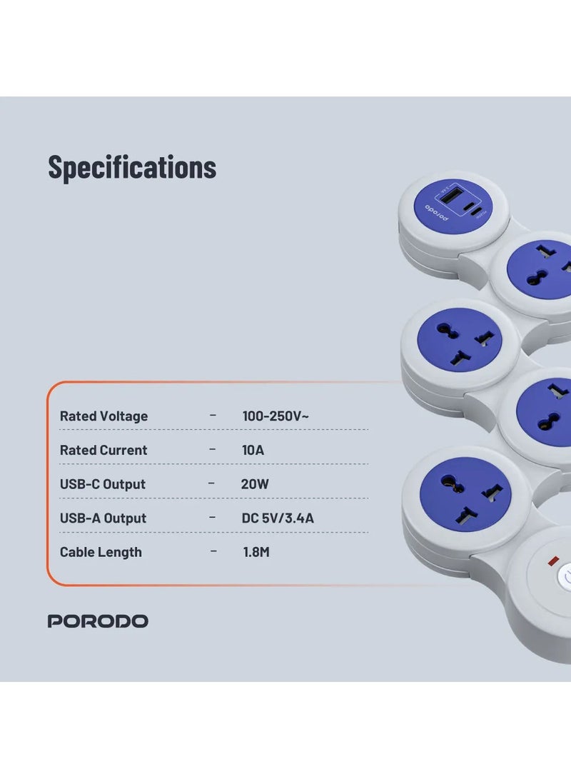 porodo 2500W Multi Socket Strip with Universal AC Plug & USB-C PD 20W Fast Charging / 3m Cable / Built-in Safeguard / Over-Heat Protection - Grey - Image 3