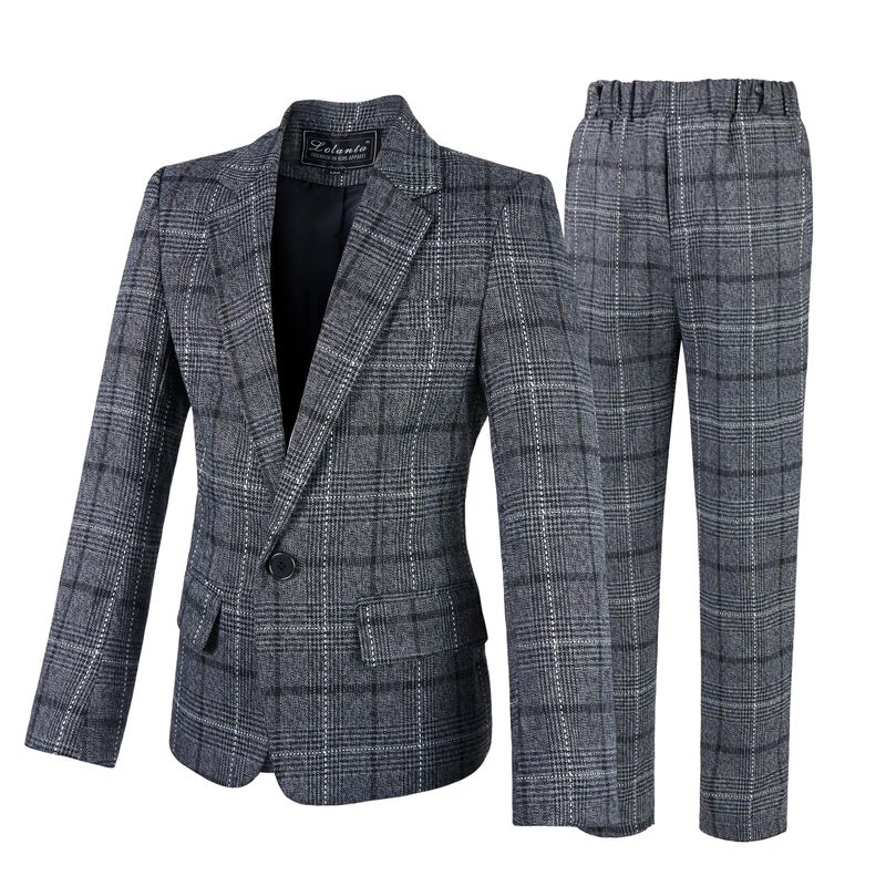LOLANTA Grey Suits for Boys Sport Coat Dress Pants Outfits Kids Plaid 2 Piece Dress Clothes for Graduation WeddingGrey56
