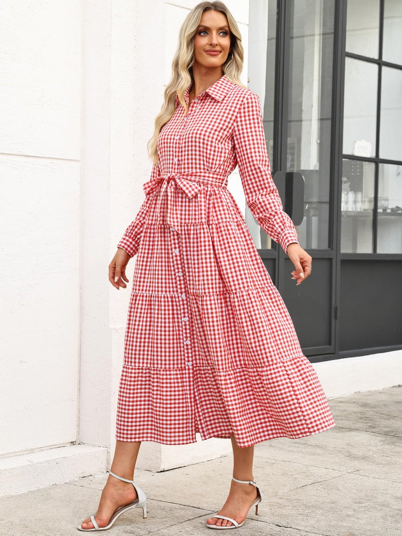 Caracilia Women Long Sleeve Maxi Dress 2026 Spring Casual Button Down Striped Plaid Tie Waist Shirt Dresses Vacation Outfits Dark Pink White Plaid X-Large - Image 5