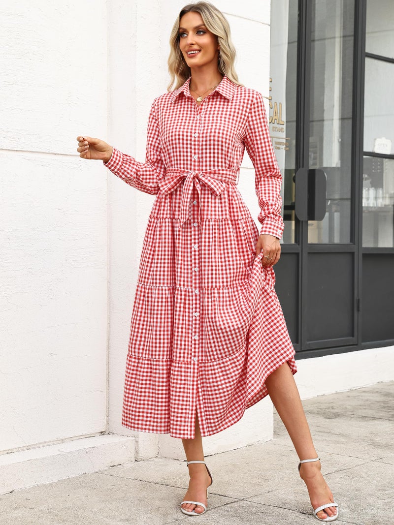 Caracilia Women Long Sleeve Maxi Dress 2026 Spring Casual Button Down Striped Plaid Tie Waist Shirt Dresses Vacation Outfits Dark Pink White Plaid X-Large - Image 4