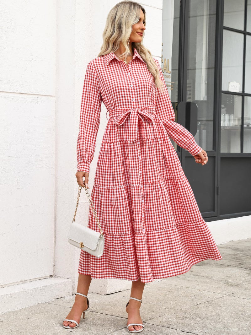 Caracilia Women Long Sleeve Maxi Dress 2026 Spring Casual Button Down Striped Plaid Tie Waist Shirt Dresses Vacation Outfits Dark Pink White Plaid X-Large - Image 3