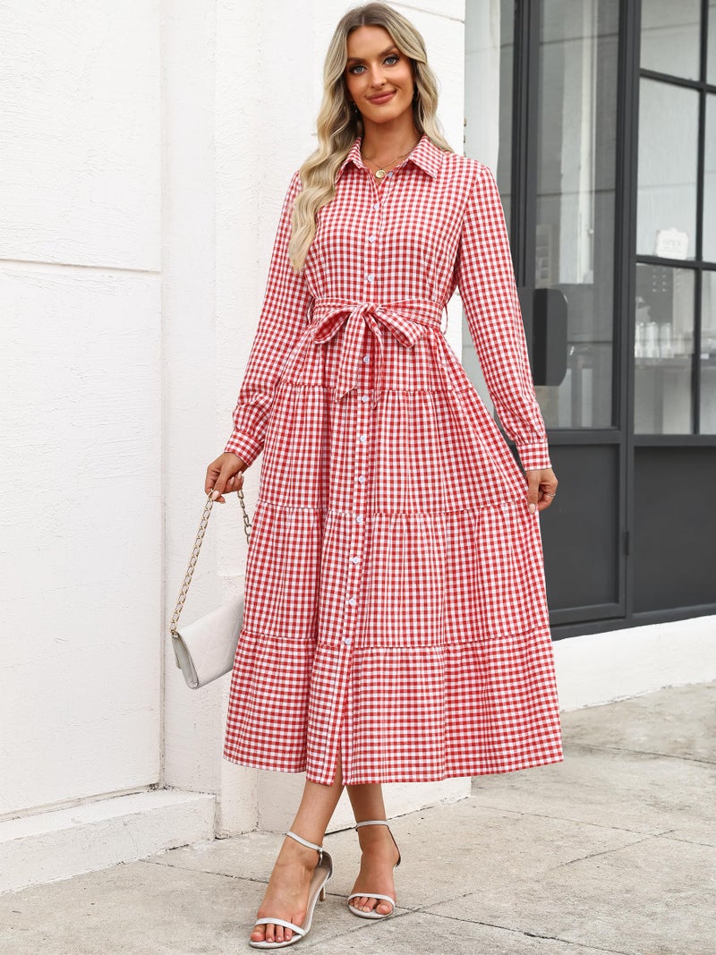 Caracilia Women Long Sleeve Maxi Dress 2026 Spring Casual Button Down Striped Plaid Tie Waist Shirt Dresses Vacation Outfits Dark Pink White Plaid X-Large - Image 2