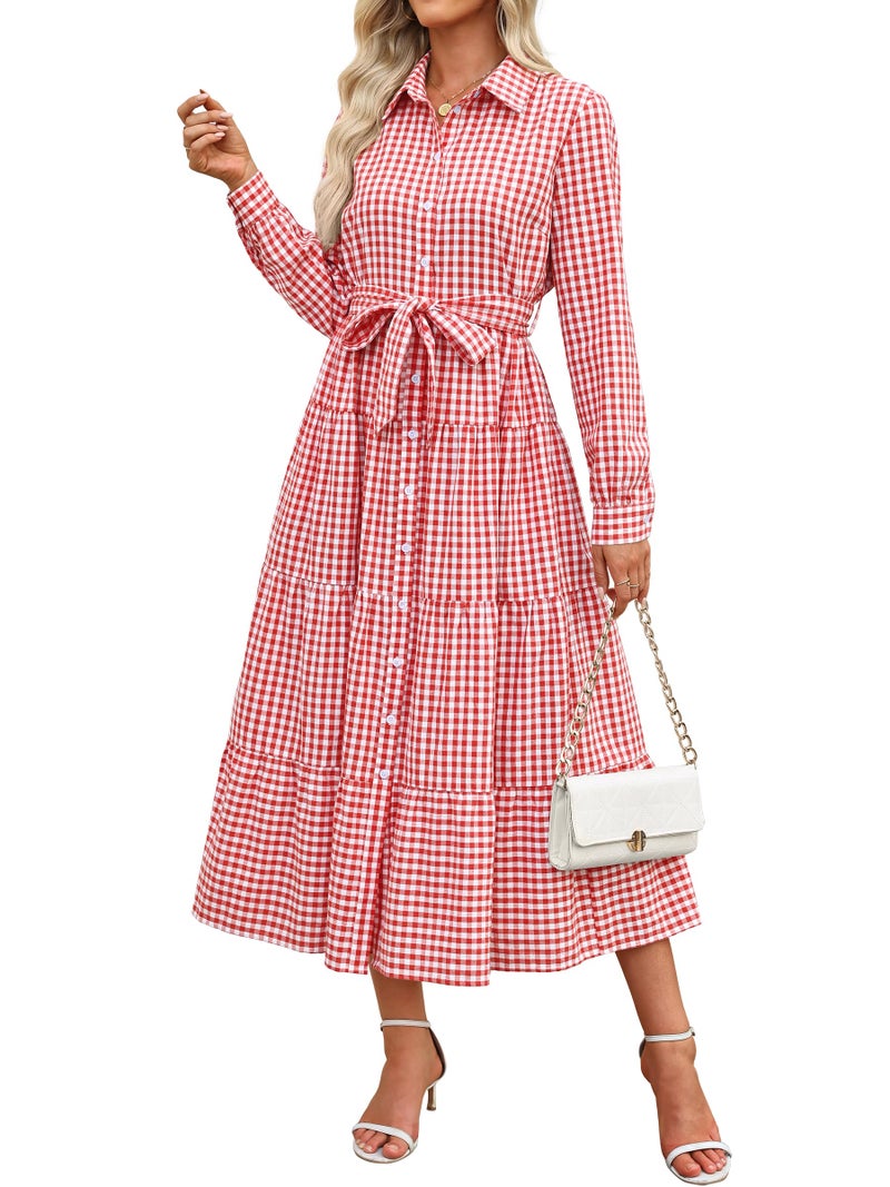 Caracilia Women Long Sleeve Maxi Dress 2026 Spring Casual Button Down Striped Plaid Tie Waist Shirt Dresses Vacation Outfits Dark Pink White Plaid X-Large - Image 1