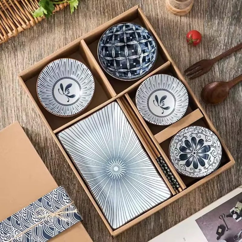 Blue and white ceramic serving dish set