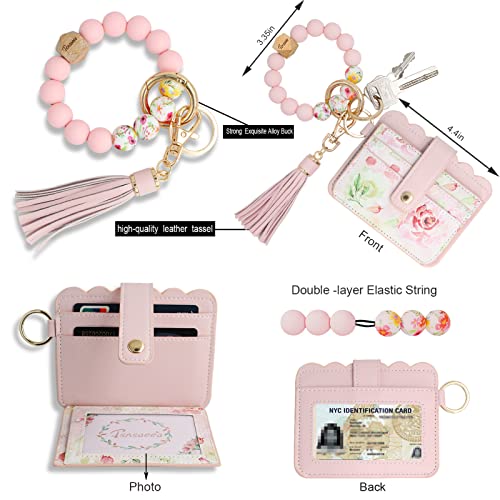 TSNSOEEO Keychain Wallet Wristlet RFID Small Credit Card Holder Bracelet Key Chain Purse Bangle Tassel Beads Key Rings for Women - Image 3