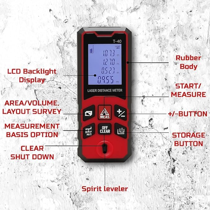 Tomahawk Oxford® OLO-0800 Laser Distance Meter Measurer 263ft/80M with Area, Volume and Pythagoras Measurement - Water and Dust Resistant Laser Measuring Device with Backlit LCD, Battery Included - Image 4
