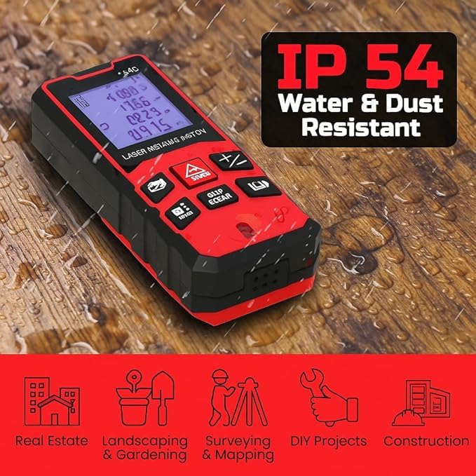 Tomahawk Oxford® OLO-0800 Laser Distance Meter Measurer 263ft/80M with Area, Volume and Pythagoras Measurement - Water and Dust Resistant Laser Measuring Device with Backlit LCD, Battery Included - Image 3
