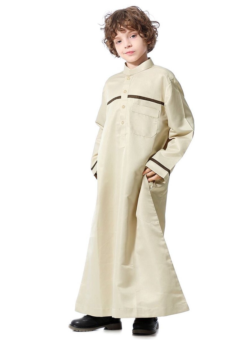 إسكدنيا Boys Concise Style Stand Collar Long Sleeve Abaya Robe Islamic Arabic Casual Kaftan Beige  - Image 2
