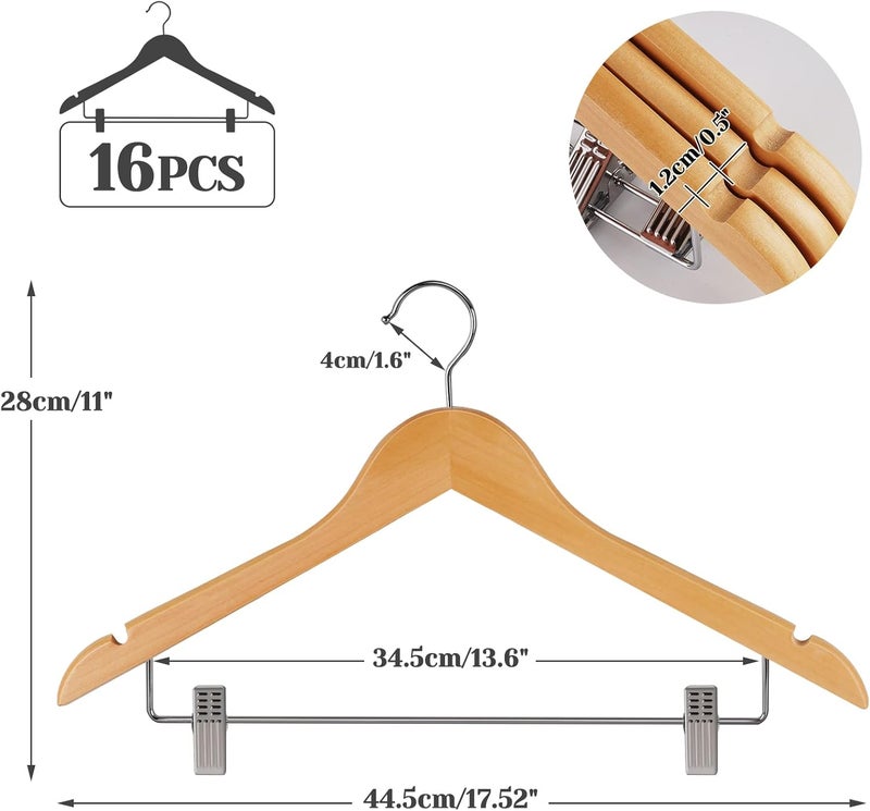 HOUISM HOUSM 16Pack Wooden Skirt Hangers with Clips, Solid Wood Pants Hangers, Natural, Smooth Finish, High-Grade Selected Wood, Sturdy Metal Clips for Blouse, Dress, Coat, Jacket - Image 2
