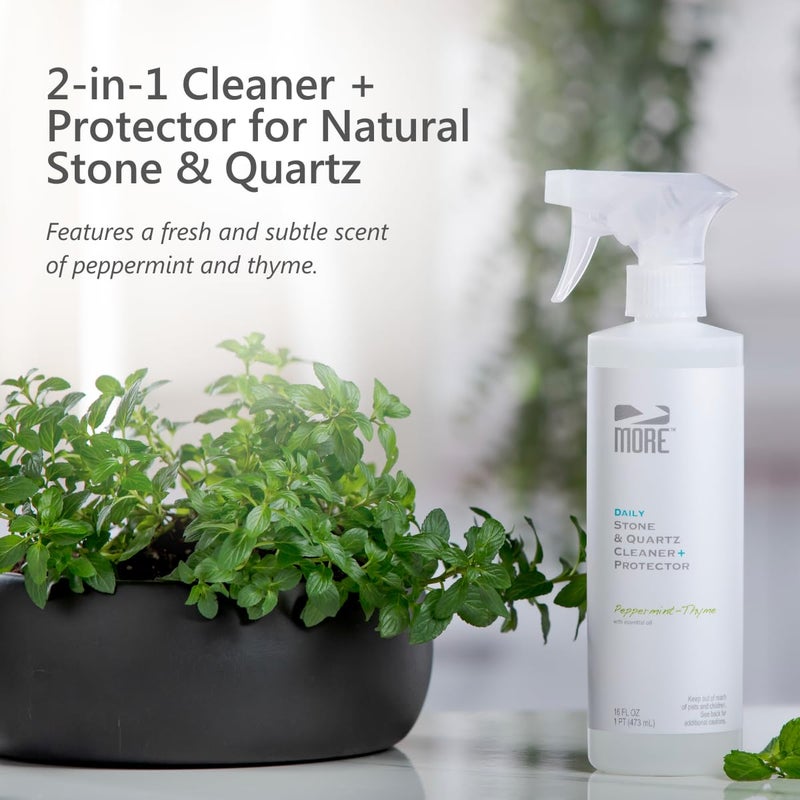 MORE Stone & Quartz Cleaner + Protector - Water-Based Surface Spray - Granite, Quartz & Marble Cleaner - For Kitchen & Bathroom Countertops & Floors - Peppermint-Thyme Essential Oil - Pint (16oz) - Image 2