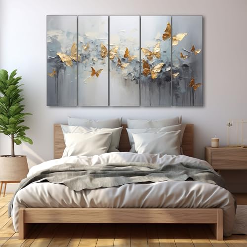 The Castle Decor Golden butterflies painting with frame 5 Big Size (27x48) Multiple Frames Wall Art for living room,Bedroom,Drawing room,Hotels-Wooden Framed-Digital Painting - Image 1