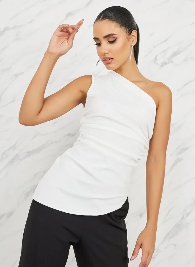 Styli Ruched Detail One Sleeve Fitted Blouse