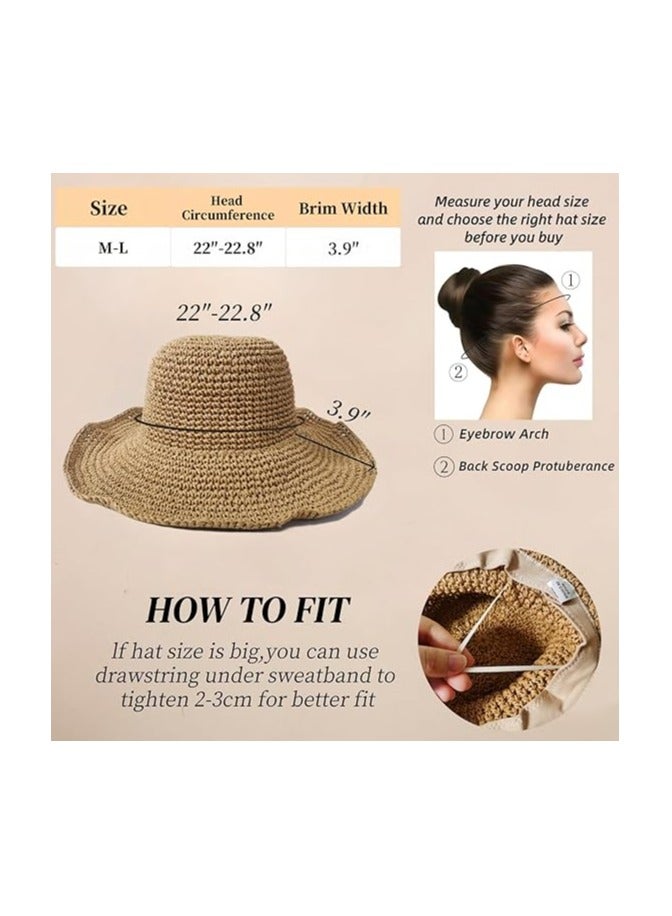 خاجول قبعة قش واسعة قابلة للطي للنساء ، قبعة شاطئ الصيف القابلة للتعبئة ، حماية شمس السفر - Image 2
