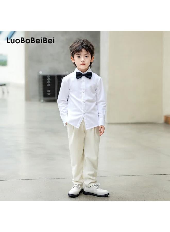 Luobobeibei Children's White Long Sleeve Shirt Boys Suit Shirt Bow Tie Host Piano New Year Outfit Y5y1 110 - Image 1