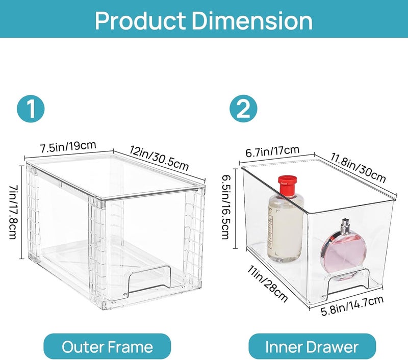 KASTWAVE Stackable Storage Drawers, 2 Pack Clear Acrylic Drawer Organizers with Handles, Easily Assemble for Bathroom, Kitchen Undersink, Cabinet, Closet,Makeup, Pantry organization and Storage - Image 3