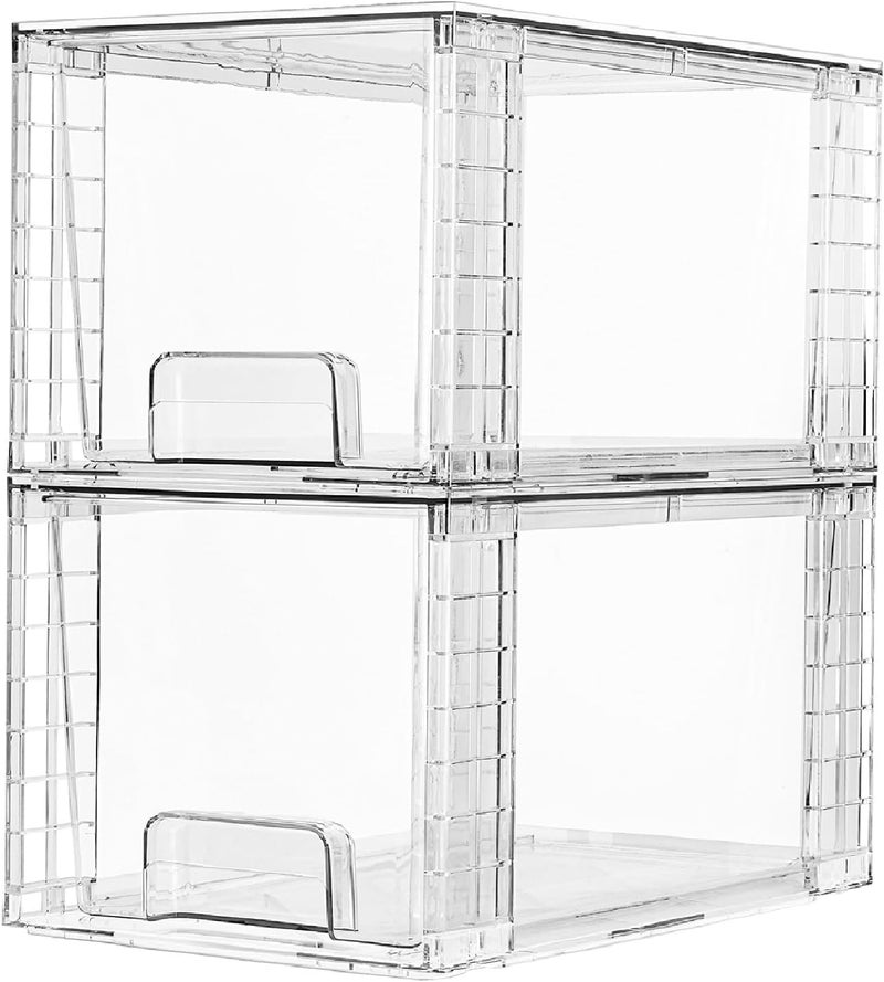 KASTWAVE Stackable Storage Drawers, 2 Pack Clear Acrylic Drawer Organizers with Handles, Easily Assemble for Bathroom, Kitchen Undersink, Cabinet, Closet,Makeup, Pantry organization and Storage - Image 1