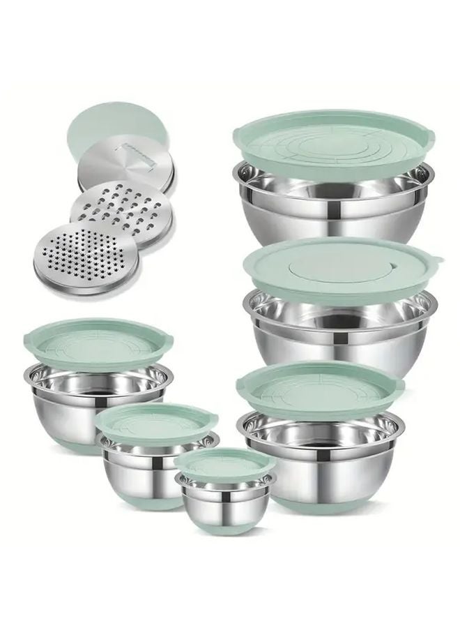 15CPS Mint Green Stainless Steel Mixing Bowls Set With Lids Graters And Non Slip Base - Image 1