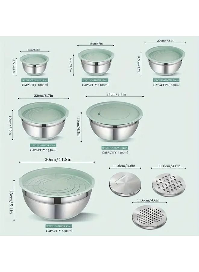15CPS Mint Green Stainless Steel Mixing Bowls Set With Lids Graters And Non Slip Base - Image 3