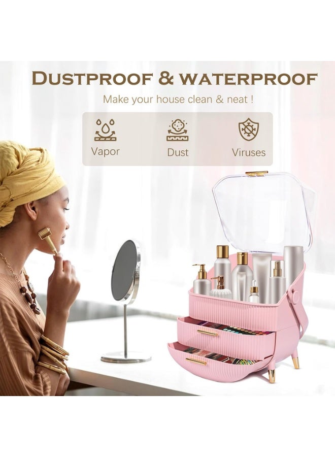 منظم مكياج للعناية بالبشرة - حافظات عرض مستحضرات التجميل مع غطاء شفاف، منظمات العناية بالبشرة لسطح منضدة الحمام، مكتب فانيتي لغرفة النوم، منظم احمر الشفاه، وردى - Image 5