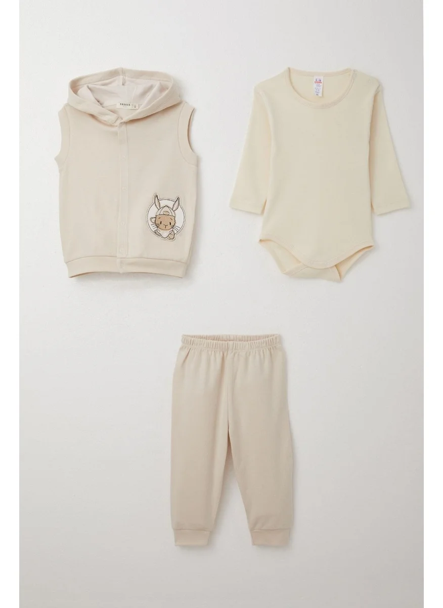 Breeze Baby Boy Bodysuit 3 Piece Set Cute Bunny Embroidered 4 Months-1 Years, Beige