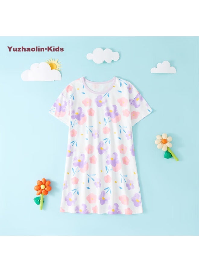 Yuzhaolin Girls' Nightgown, Children's Pajamas, Home Wear, Summer Pure Cotton, For Older Children, Clothing, Children's Apparel, Flower And Bear Design - Image 3