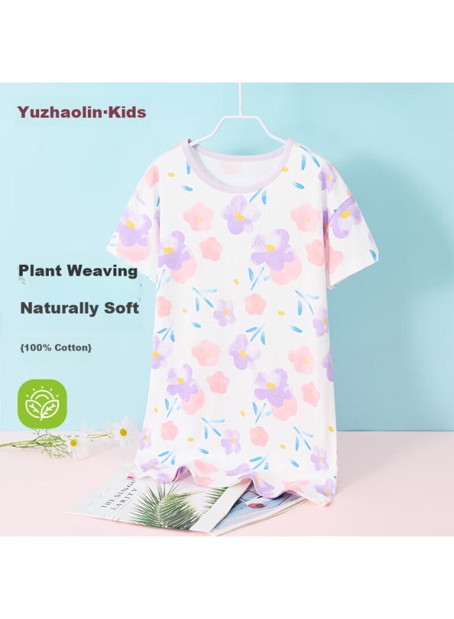 Yuzhaolin Girls' Nightgown, Children's Pajamas, Home Wear, Summer Pure Cotton, For Older Children, Clothing, Children's Apparel, Flower And Bear Design - Image 1